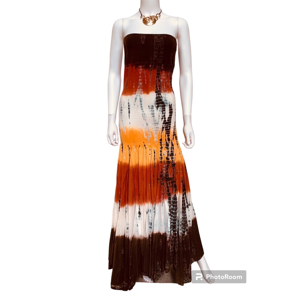 Gianni Mac tie-dye convertible flare bottom maxi strapless dress, S
